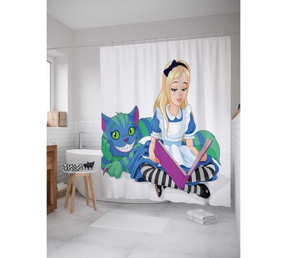 Изображение товара Штора (занавеска) для ванной JoyArty "Кот слушает сказки" из сатена, 180х200 см с крючками, sc_14091