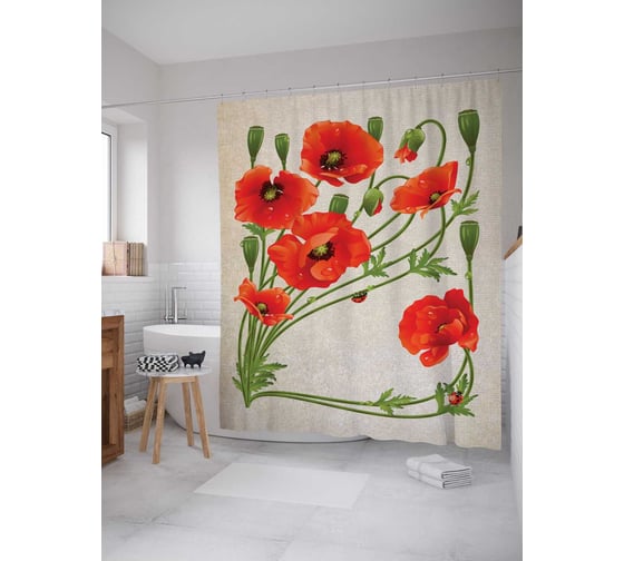 Изображение товара Штора (занавеска) для ванной JoyArty "Букет маков" из сатена, 180х200 см с крючками, sc_105992