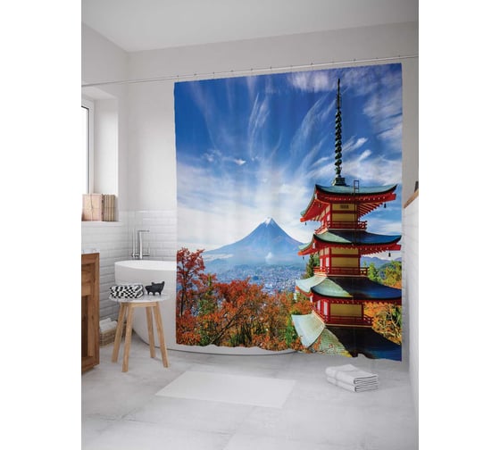 Изображение товара Штора (занавеска) для ванной JoyArty "Горная молитва" из сатена, 180х200 см с крючками, sc_12178