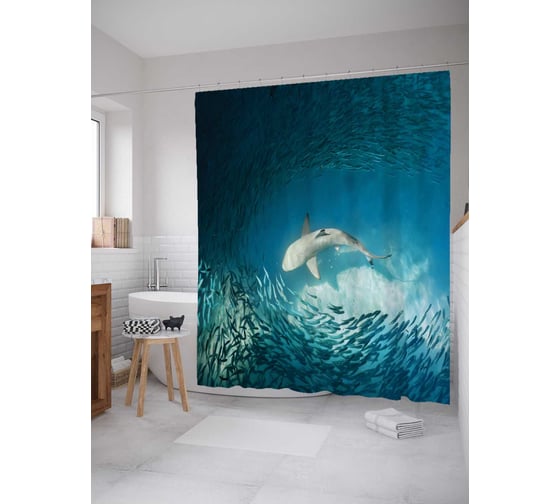 Изображение товара Штора (занавеска) для ванной JoyArty "Акула в косяке рыб" из сатена, 180х200 см с крючками, sc_17287