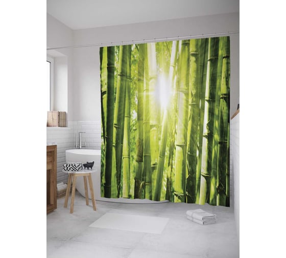Изображение товара Штора (занавеска) для ванной JoyArty "Бамбуковый день" из сатена, 180х200 см с крючками, sc_12184