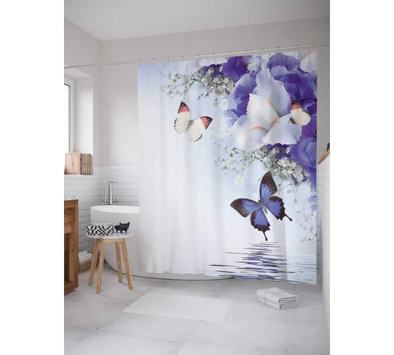 Изображение товара Штора (занавеска) для ванной JoyArty "Бабочки над водой" из сатена, 180х200 см с крючками, sc_13592