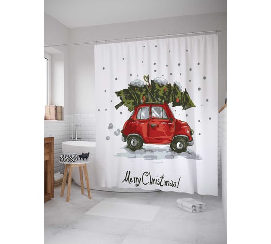 Изображение товара Штора (занавеска) для ванной JoyArty "Елка спешит праздновать" из сатена, 180х200 см с крючками, sc_20069