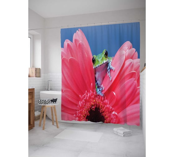 Изображение товара Штора (занавеска) для ванной JoyArty "Лягушка на цветке" из сатена, 180х200 см с крючками, sc_15266