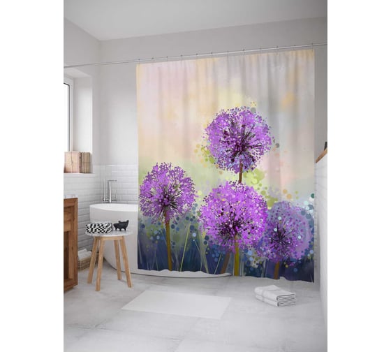 Изображение товара Штора (занавеска) для ванной JoyArty "Красочные одуванчики" из сатена, 180х200 см с крючками, sc_18535