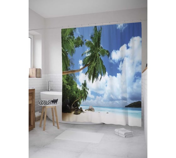 Изображение товара Штора (занавеска) для ванной JoyArty "Берег далекого острова" из сатена, 180х200 см с крючками, sc_10052