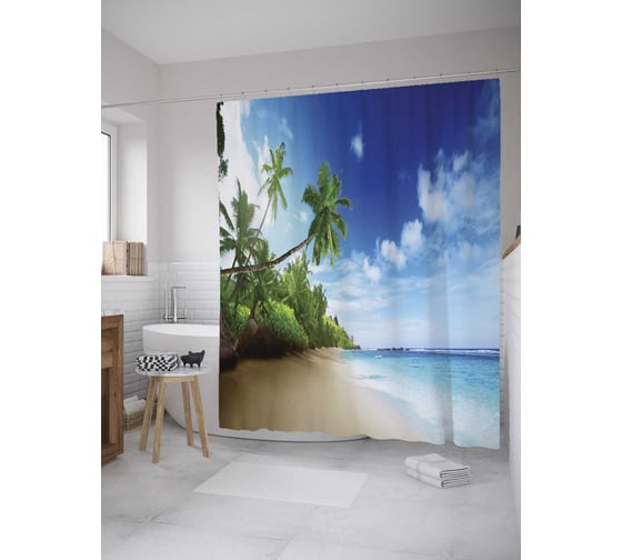 Изображение товара Штора (занавеска) для ванной JoyArty "Солнечный пляж" из сатена, 180х200 см с крючками, sc_10062