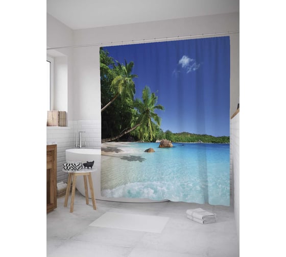 Изображение товара Штора (занавеска) для ванной JoyArty "Дикий морской остров" из сатена, 180х200 см с крючками, sc_10059