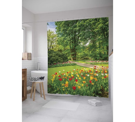 Изображение товара Штора (занавеска) для ванной JoyArty "Весенняя идиллия" из сатена, 180х200 см с крючками, sc_10330