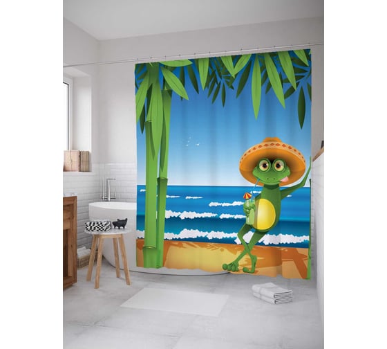 Изображение товара Штора (занавеска) для ванной JoyArty "Лягушка в сомбреро" из сатена, 180х200 см с крючками, sc_15246