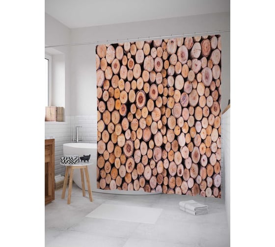 Изображение товара Штора (занавеска) для ванной JoyArty "Свежие полена" из сатена, 180х200 см с крючками, sc_20361