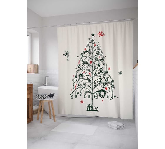 Изображение товара Штора (занавеска) для ванной JoyArty "Елка с подарками" из сатена, 180х200 см с крючками, sc_19390