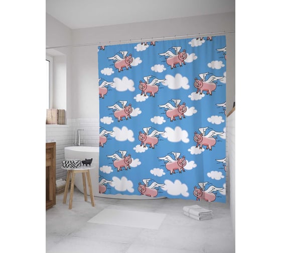 Изображение товара Штора (занавеска) для ванной JoyArty "Небесные свиньи" из сатена, 180х200 см с крючками, sc_10428