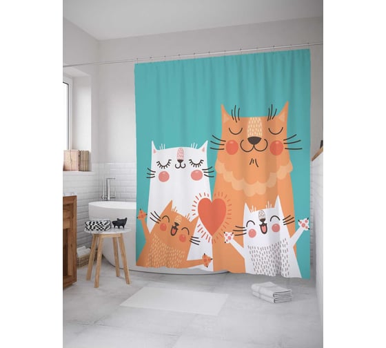 Изображение товара Штора (занавеска) для ванной JoyArty "Веселая кошачья семья" из сатена, 180х200 см с крючками, sc_18493