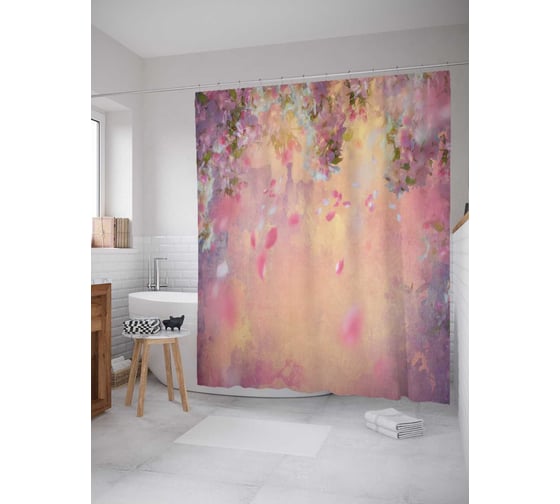 Изображение товара Штора (занавеска) для ванной JoyArty "Цветочный туман" из сатена, 180х200 см с крючками, sc_14317