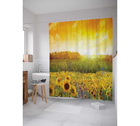 Изображение товара Штора (занавеска) для ванной JoyArty "Подсолнухи на рассвете" из сатена, 180х200 см с крючками, sc_14832