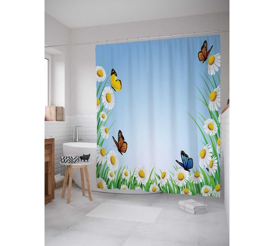 Изображение товара Штора (занавеска) для ванной JoyArty "Бабочки на ромашках" из сатена, 180х200 см с крючками, sc_13603