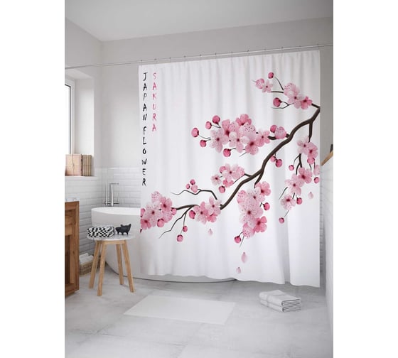 Изображение товара Штора (занавеска) для ванной JoyArty "Японские цветы" из сатена, 180х200 см с крючками, sc_15817