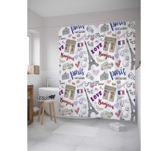 Изображение товара Штора (занавеска) для ванной JoyArty "Любовь к Парижу" из сатена, 180х200 см с крючками, sc_11344