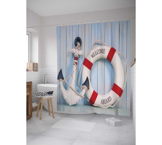 Изображение товара Штора (занавеска) для ванной JoyArty "Приветствие с якорем" из сатена, 180х200 см с крючками, sc_10840
