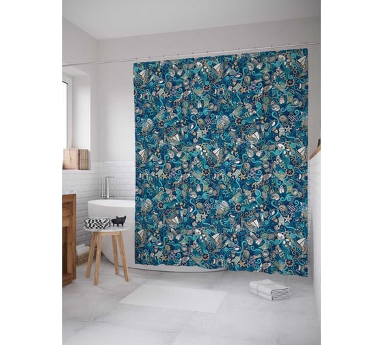 Изображение товара Штора (занавеска) для ванной JoyArty "Морской космос" из сатена, 180х200 см с крючками, sc_12516