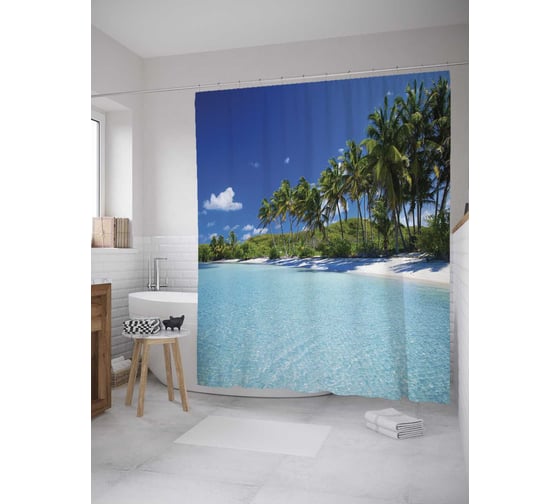 Изображение товара Штора (занавеска) для ванной JoyArty "Яркий день на пляже" из сатена, 180х200 см с крючками, sc_10063