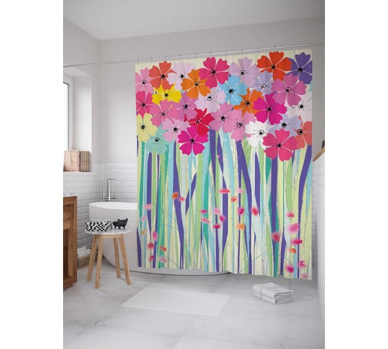 Изображение товара Штора (занавеска) для ванной JoyArty "Цветочные кусты" из сатена, 180х200 см с крючками, sc_2960