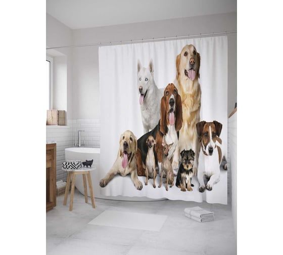 Изображение товара Штора (занавеска) для ванной JoyArty "Веселые ребята" из сатена, 180х200 см с крючками, sc_10681