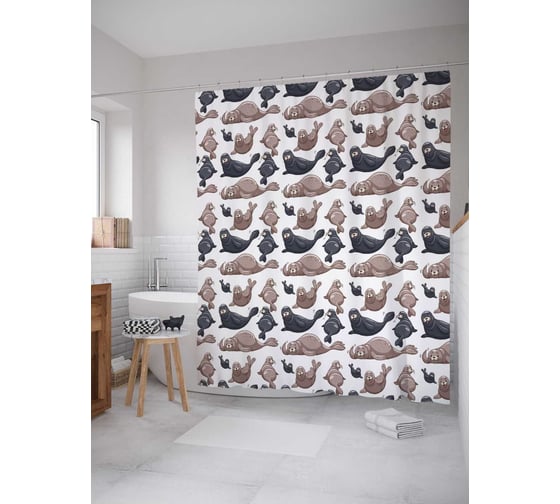 Изображение товара Штора (занавеска) для ванной JoyArty "Морские котики" из сатена, 180х200 см с крючками, sc_11877