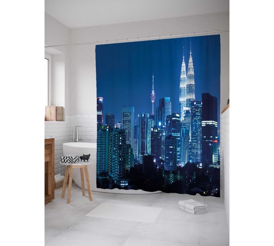 Изображение товара Штора (занавеска) для ванной JoyArty "Ночная жизнь города" из сатена, 180х200 см с крючками, sc_18075
