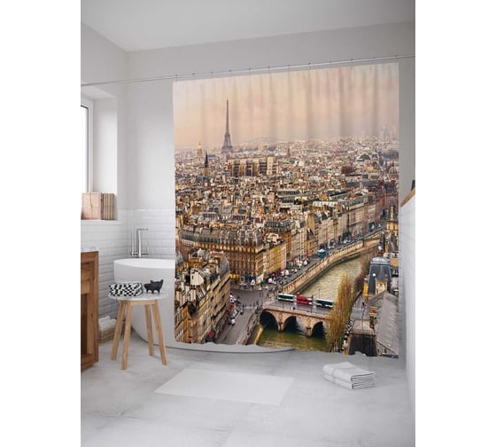 Изображение товара Штора (занавеска) для ванной JoyArty "Красочный Париж" из сатена, 180х200 см с крючками, sc_16235