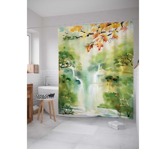 Изображение товара Штора (занавеска) для ванной JoyArty "Водопадный пейзаж" из сатена, 180х200 см с крючками, sc_14575