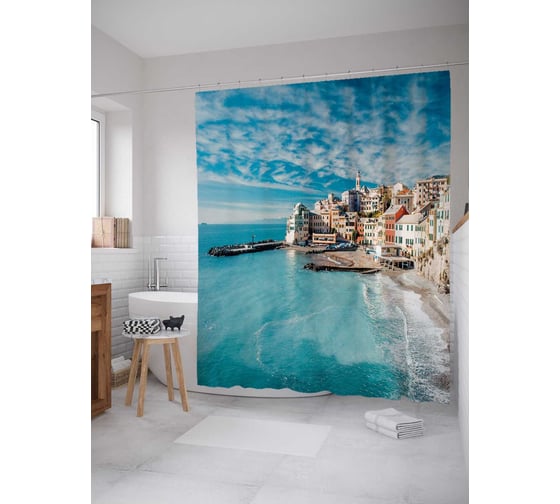 Изображение товара Штора (занавеска) для ванной JoyArty "Город на пляже" из сатена, 180х200 см с крючками, sc_19660