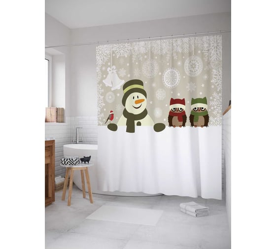 Изображение товара Штора (занавеска) для ванной JoyArty "Веселая зима" из сатена, 180х200 см с крючками, sc_20291