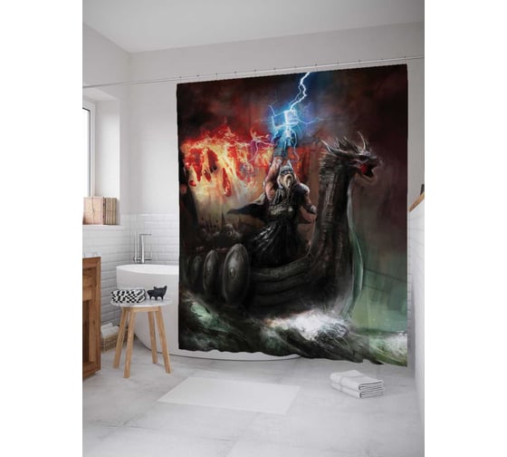 Изображение товара Штора (занавеска) для ванной JoyArty "На корабле через шторм" из сатена, 180х200 см с крючками, sc_16312