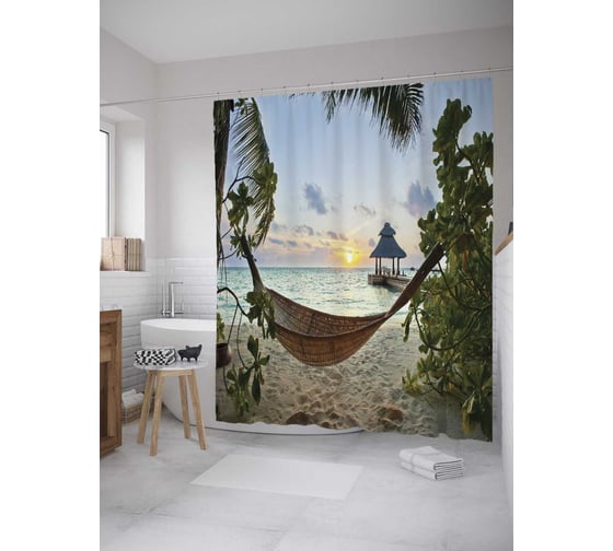 Изображение товара Штора (занавеска) для ванной JoyArty "Пляжный отдых на закате" из сатена, 180х200 см с крючками, sc_10160