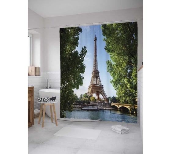 Изображение товара Штора (занавеска) для ванной JoyArty "Эйфелева башня за рекой" из сатена, 180х200 см с крючками, sc_11335