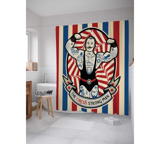 Изображение товара Штора (занавеска) для ванной JoyArty "Цирковой силач" из сатена, 180х200 см с крючками, sc_15463