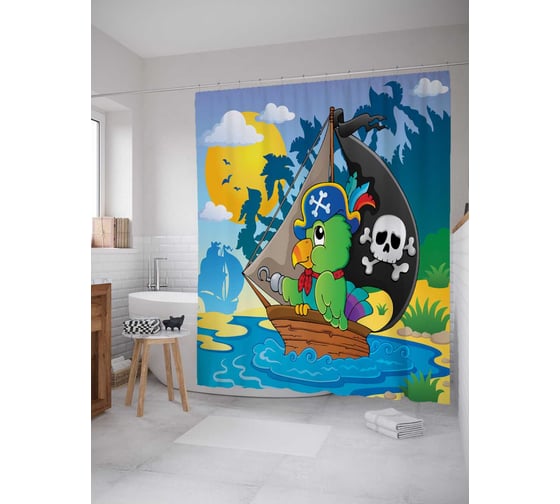 Изображение товара Штора (занавеска) для ванной JoyArty "Корабль попугая" из сатена, 180х200 см с крючками, sc_12042