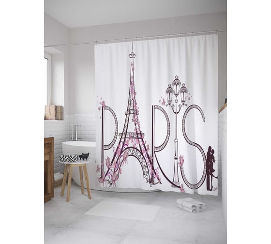 Изображение товара Штора (занавеска) для ванной JoyArty "Влюбленный Париж" из сатена, 180х200 см с крючками, sc_10526