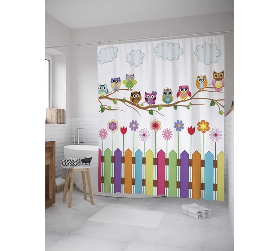 Изображение товара Штора (занавеска) для ванной JoyArty "Веселые совы" из сатена, 180х200 см с крючками, sc_10808