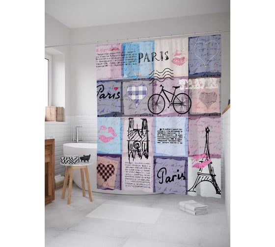 Изображение товара Штора (занавеска) для ванной JoyArty "Париж для путешествий" из сатена, 180х200 см с крючками, sc_19042