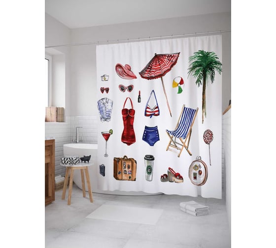 Изображение товара Штора (занавеска) для ванной JoyArty "Вещи для отпуска" из сатена, 180х200 см с крючками, sc_19096