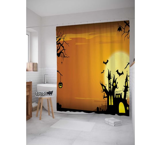 Изображение товара Штора (занавеска) для ванной JoyArty "Хеллоуинский дворец" из сатена, 180х200 см с крючками, sc_19405