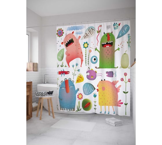 Изображение товара Штора (занавеска) для ванной JoyArty "Веселые чудики" из сатена, 180х200 см с крючками, sc_18499