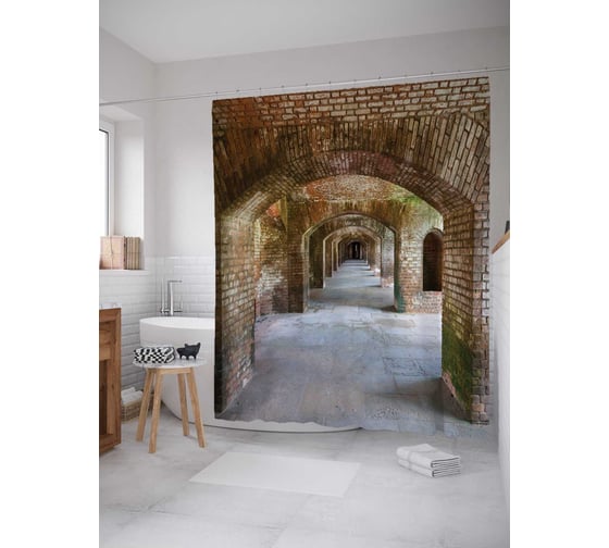 Изображение товара Штора (занавеска) для ванной JoyArty "Кирпичные коридоры" из сатена, 180х200 см с крючками, sc_17843