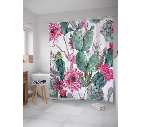 Изображение товара Штора (занавеска) для ванной JoyArty "Акварель кактусовых цветов" из сатена, 180х200 см с крючками, sc_128626