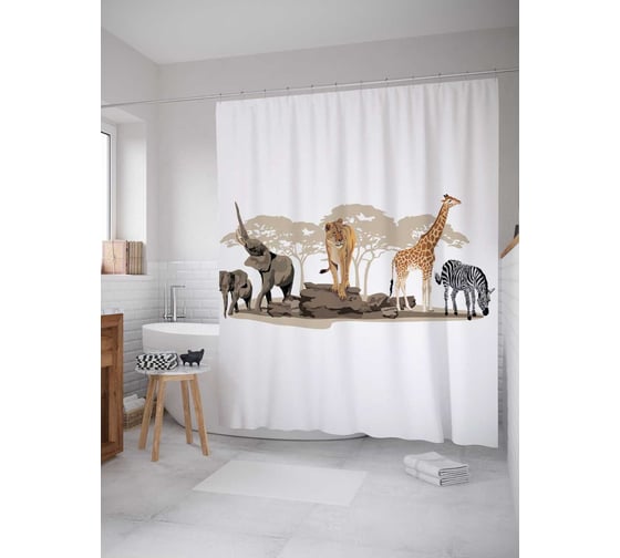 Изображение товара Штора (занавеска) для ванной JoyArty "Дикие африканские звери" из сатена, 180х200 см с крючками, sc_15370