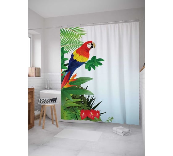 Изображение товара Штора (занавеска) для ванной JoyArty "Попугай надзиратель" из сатена, 180х200 см с крючками, sc_12045