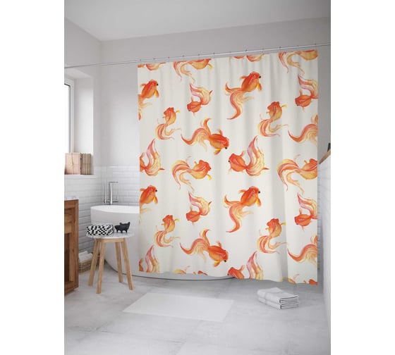 Изображение товара Штора (занавеска) для ванной JoyArty "Золотые рыбки" из сатена, 180х200 см с крючками, sc_18320